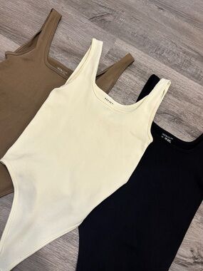 Ribbed Scoop Neck Bodysuits in Cream, Brown, and Black